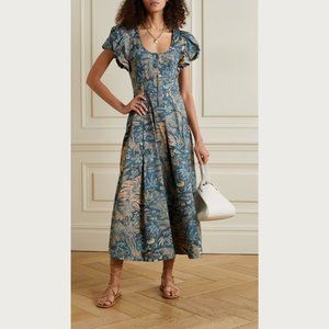Ulla Johnson Malie Midi-Length Dress Blue Printed Cotton-Poplin Pleated